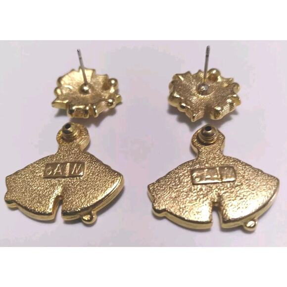 A I N Earrings Pierced Christmas Bow Bell Jacket Holly Red Green Goldtone Signed - Picture 6 of 8